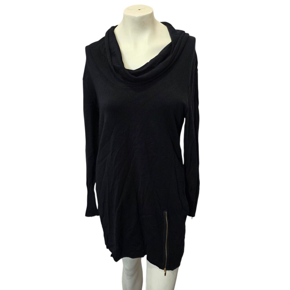 Alfani Black Cowl Neck Sweater Dress Gold Zip Hem Long Sleeve Size M Knit